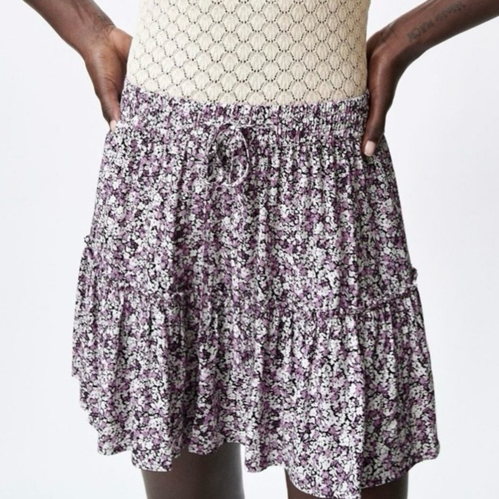 Zara Purple Floral Tiered Drawstring Skater Skirt